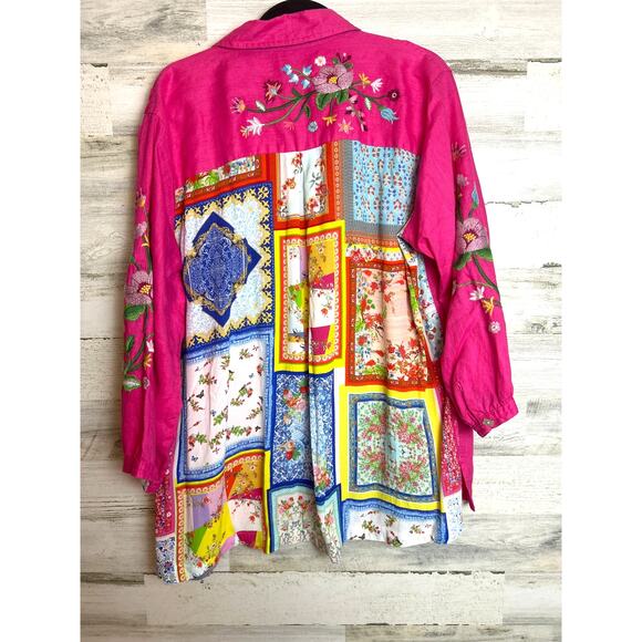 John Mark plus 1X pink embroidered boho blouse top button up shirt new linen - Picture 3 of 9